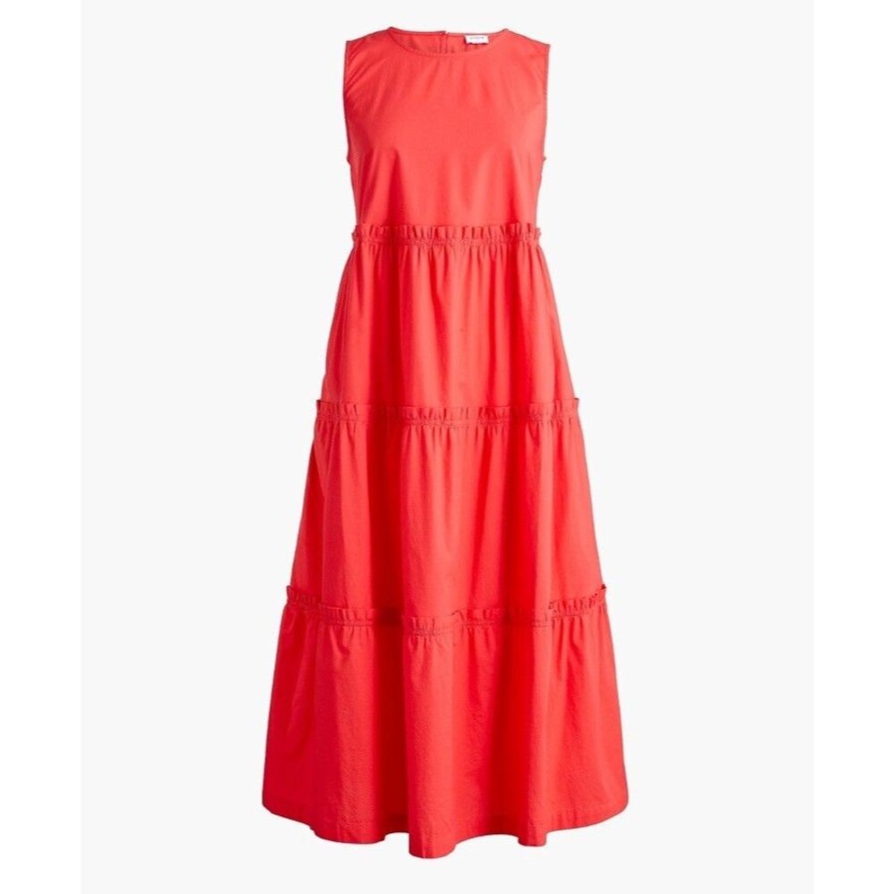 J. Crew Shirt Dress 0 / XS Sleeveless Tiered Midi Red Orange Cotton Prairie